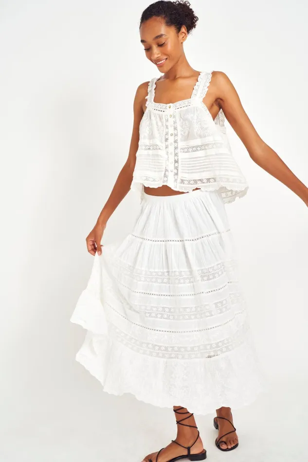 Skirts Women LoveShackFancy Donna Heritage Midi Skirt White