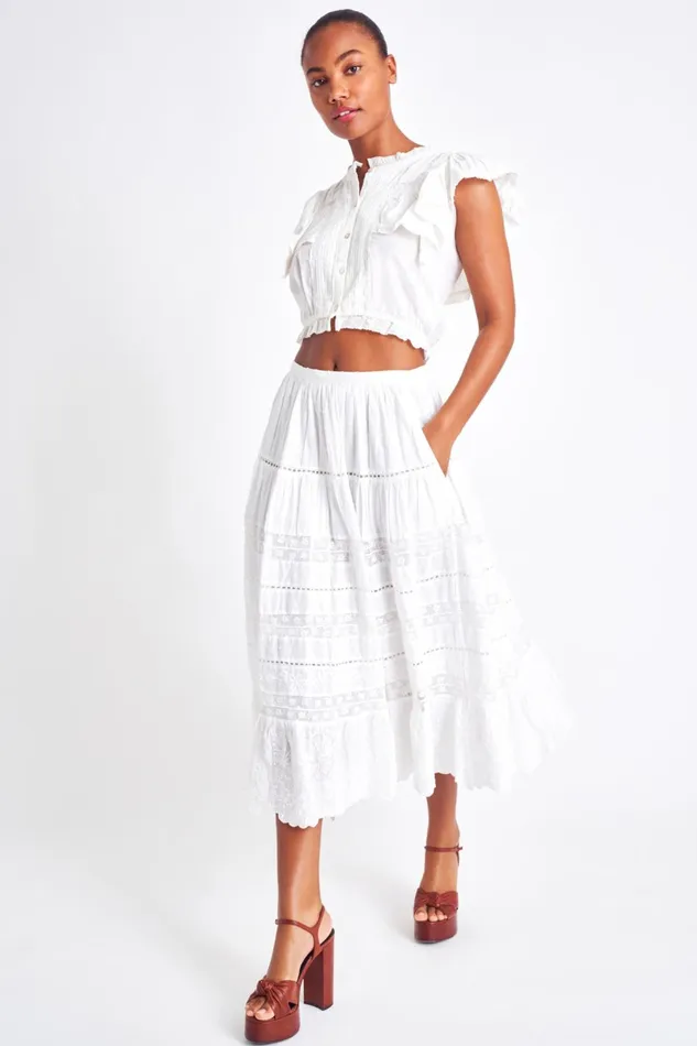 Skirts Women LoveShackFancy Donna Heritage Midi Skirt White