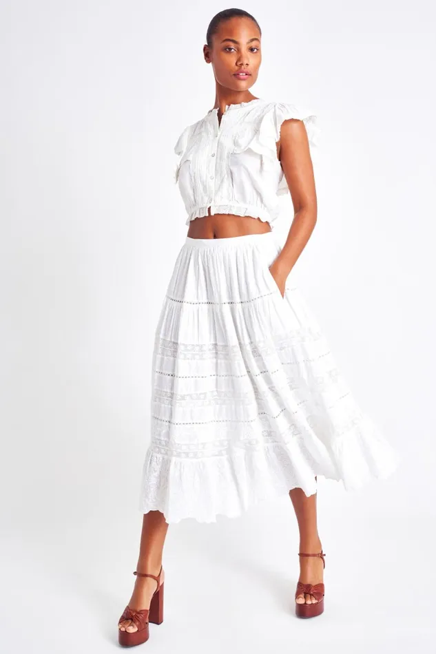 Skirts Women LoveShackFancy Donna Heritage Midi Skirt White