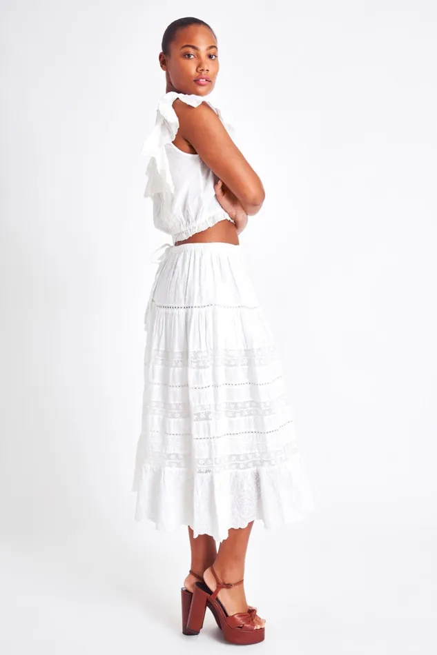 Skirts Women LoveShackFancy Donna Heritage Midi Skirt White
