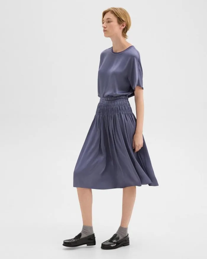 Skirts Women Theory Gathered Midi Skirt In Recycled Satin Aged Sapphire