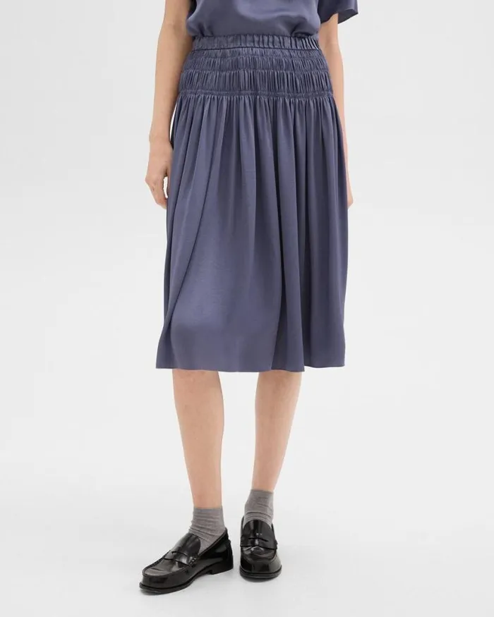 Skirts Women Theory Gathered Midi Skirt In Recycled Satin Aged Sapphire