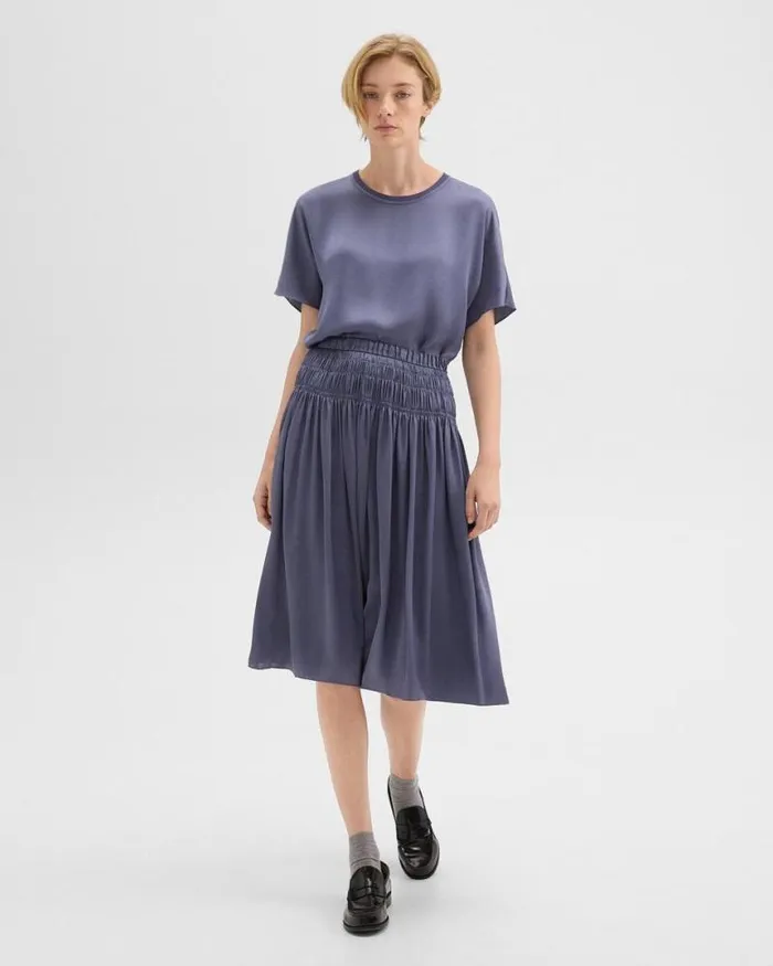 Skirts Women Theory Gathered Midi Skirt In Recycled Satin Aged Sapphire