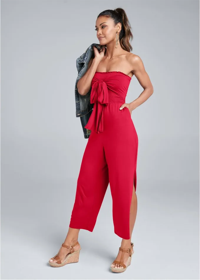 SMOCKED TIE FRONT JUMPSUIT Red Women VENUS Casual Jumpsuits and Rompers
