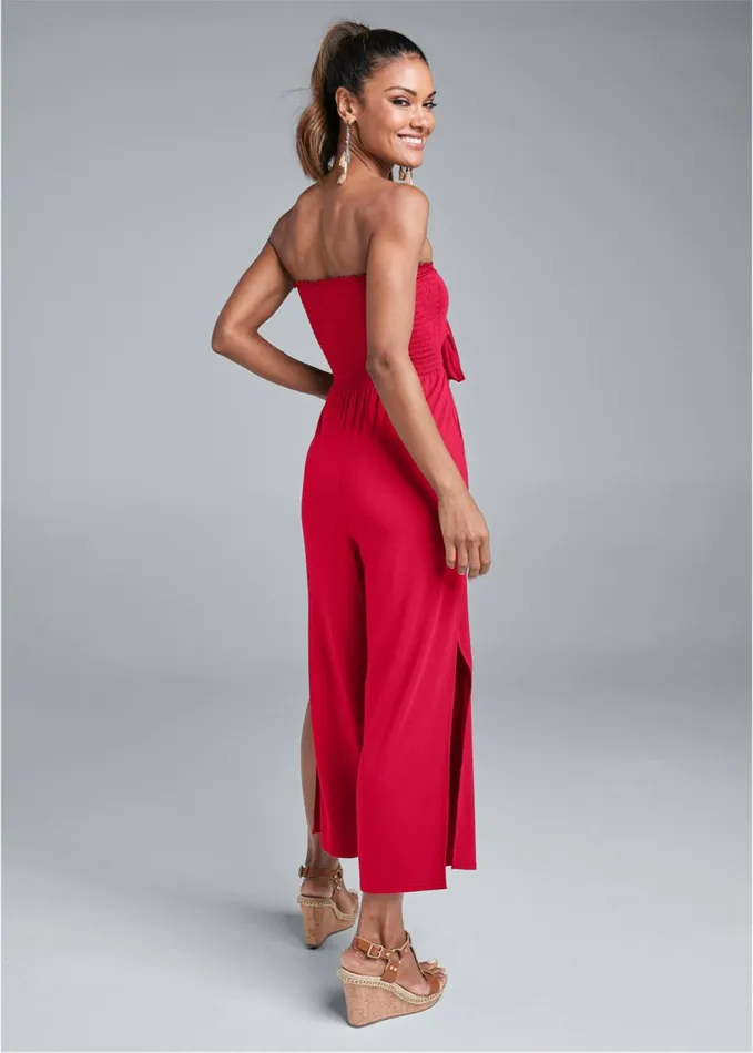 SMOCKED TIE FRONT JUMPSUIT Red Women VENUS Casual Jumpsuits and Rompers