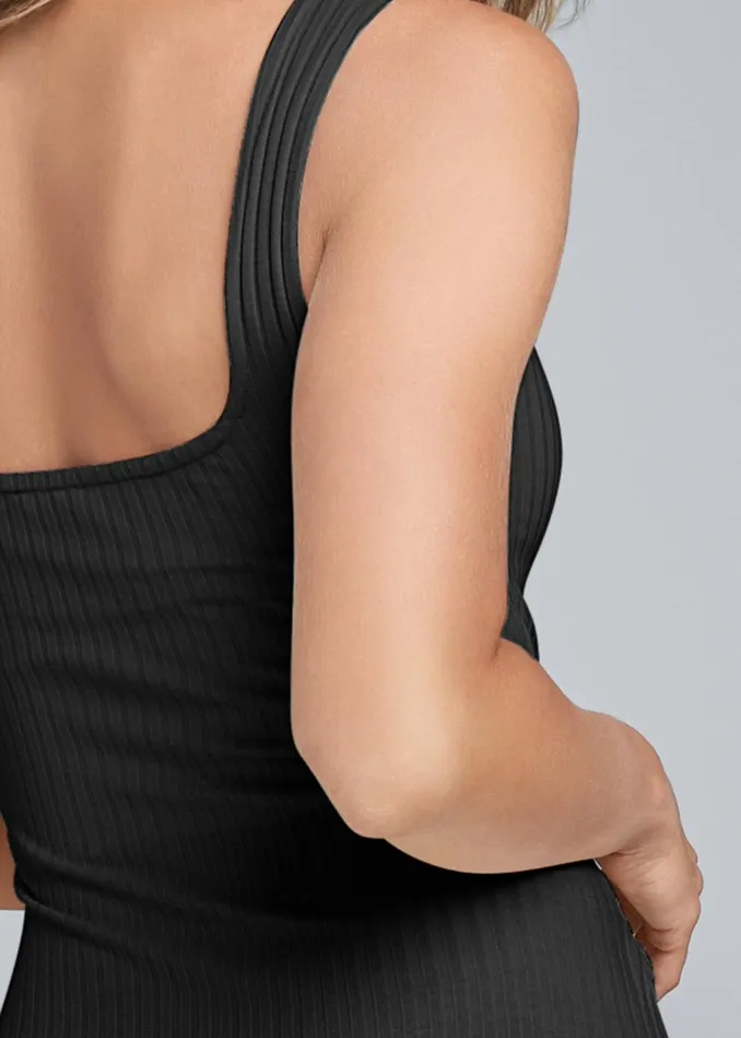 SQUARE NECK RIBBED MIDI DRESS Black Women VENUS Casual Dresses