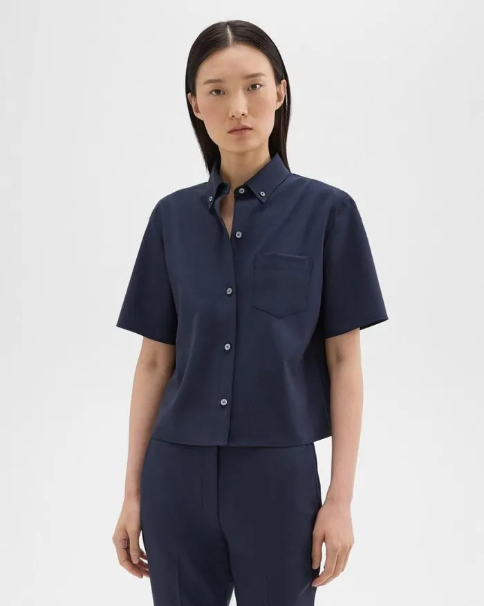 Suits Women Theory Cropped ShortSleeve Shirt In Good Wool Nocturne Navy