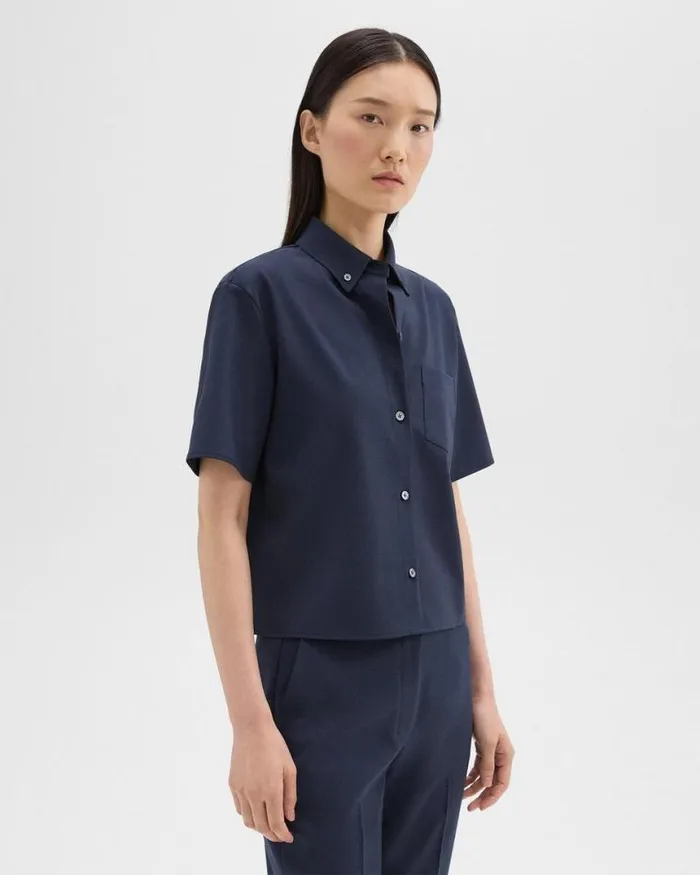 Suits Women Theory Cropped ShortSleeve Shirt In Good Wool Nocturne Navy
