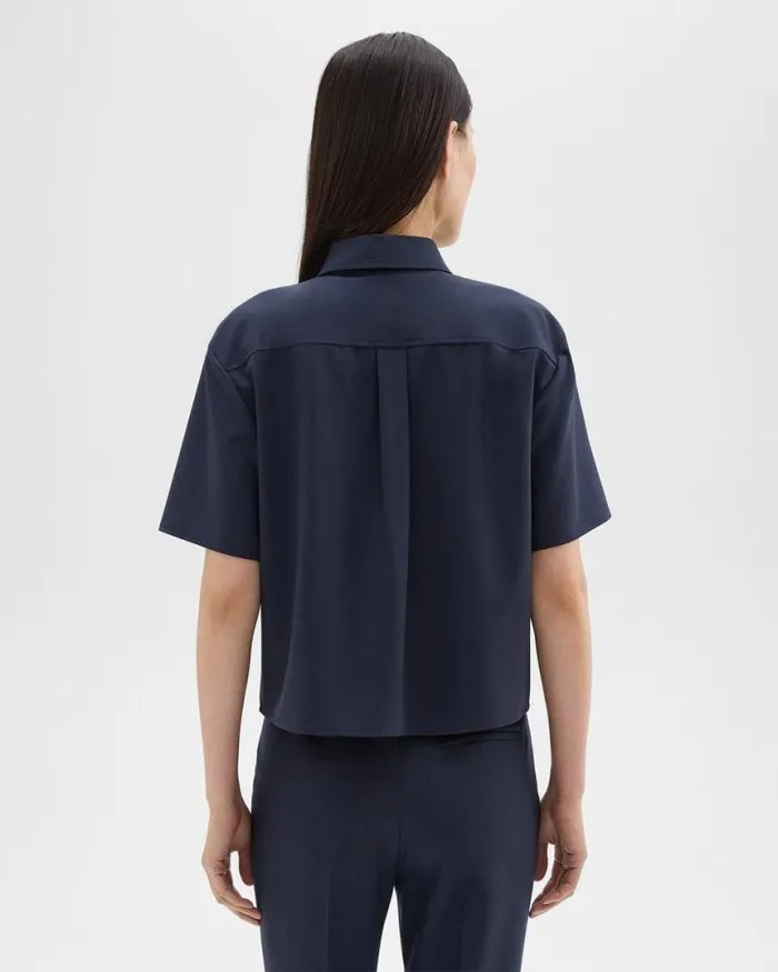 Suits Women Theory Cropped ShortSleeve Shirt In Good Wool Nocturne Navy