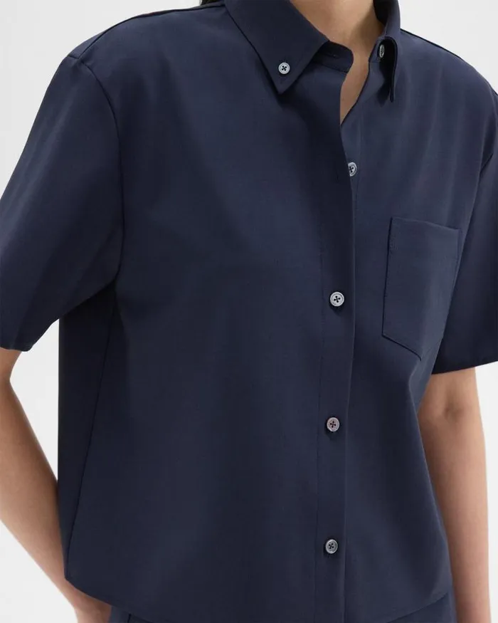 Suits Women Theory Cropped ShortSleeve Shirt In Good Wool Nocturne Navy