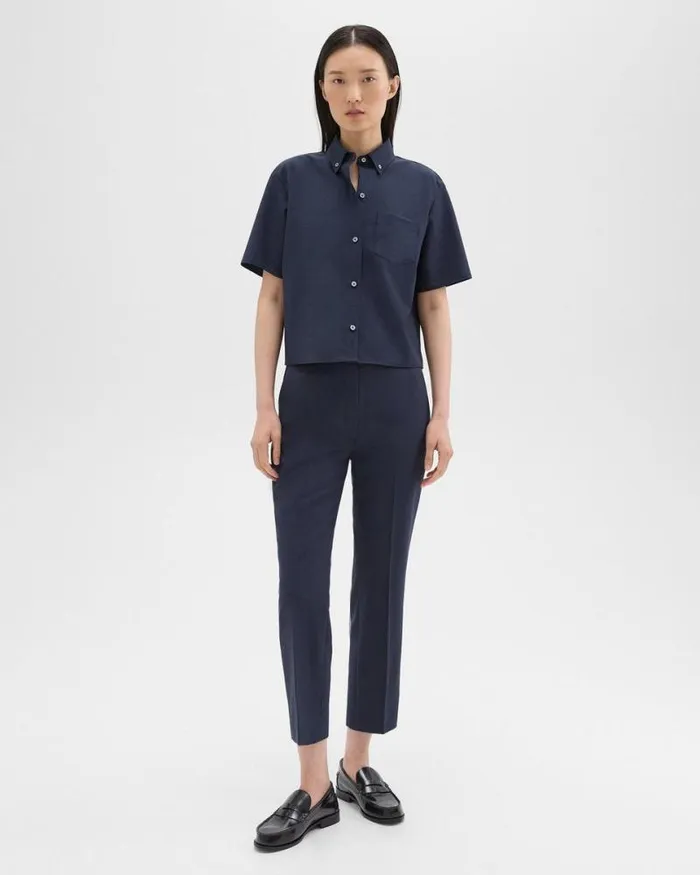Suits Women Theory Cropped ShortSleeve Shirt In Good Wool Nocturne Navy