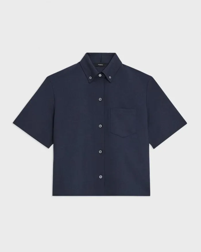 Suits Women Theory Cropped ShortSleeve Shirt In Good Wool Nocturne Navy