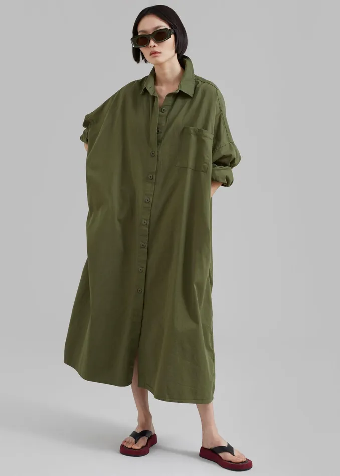 The Frankie Shop Dresses Kason Oversized Shirt Dress 8211 Dark Olive 8211 Women