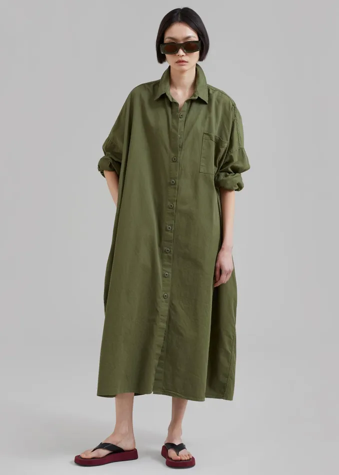 The Frankie Shop Dresses Kason Oversized Shirt Dress 8211 Dark Olive 8211 Women