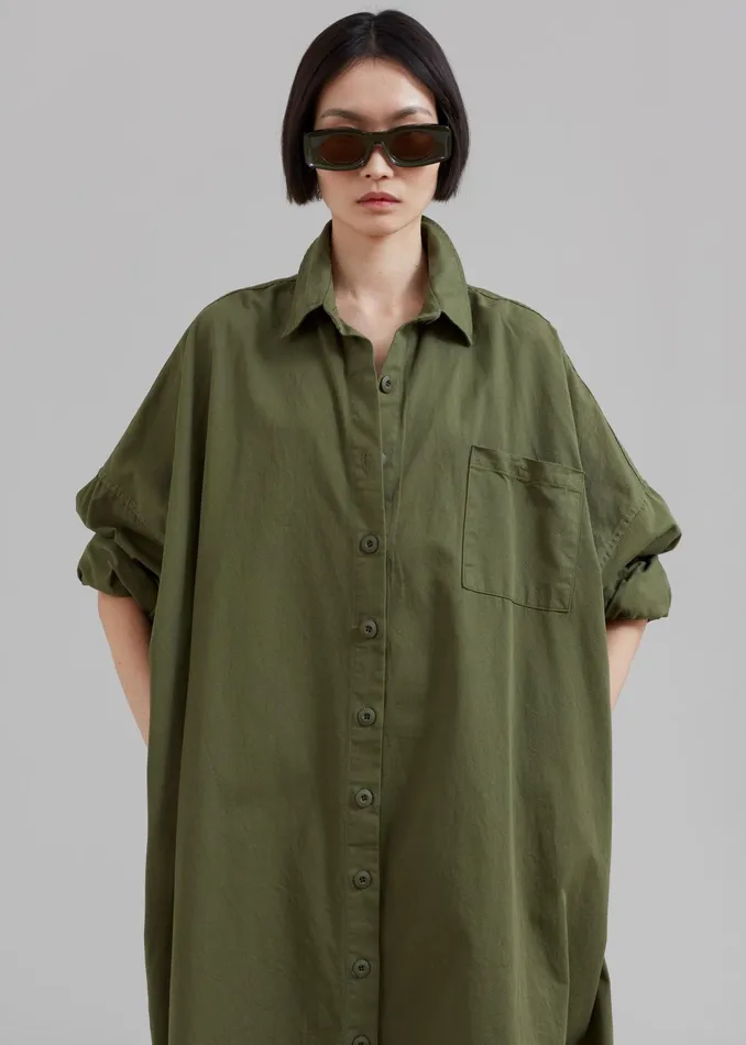 The Frankie Shop Dresses Kason Oversized Shirt Dress 8211 Dark Olive 8211 Women