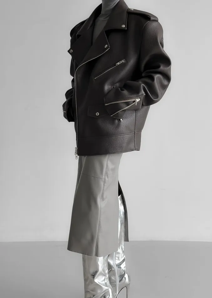 The Frankie Shop Outerwear Chicago Oversized Biker Jacket 8211 Charcoal 8211 Women