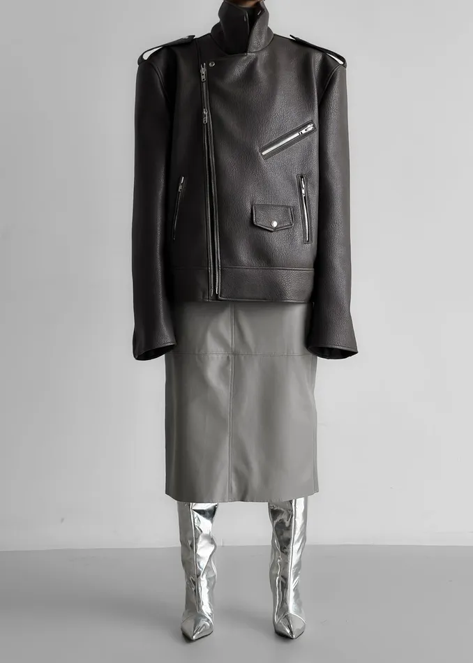 The Frankie Shop Outerwear Chicago Oversized Biker Jacket 8211 Charcoal 8211 Women