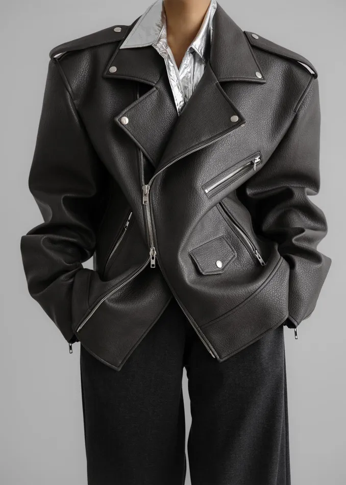 The Frankie Shop Outerwear Chicago Oversized Biker Jacket 8211 Charcoal 8211 Women