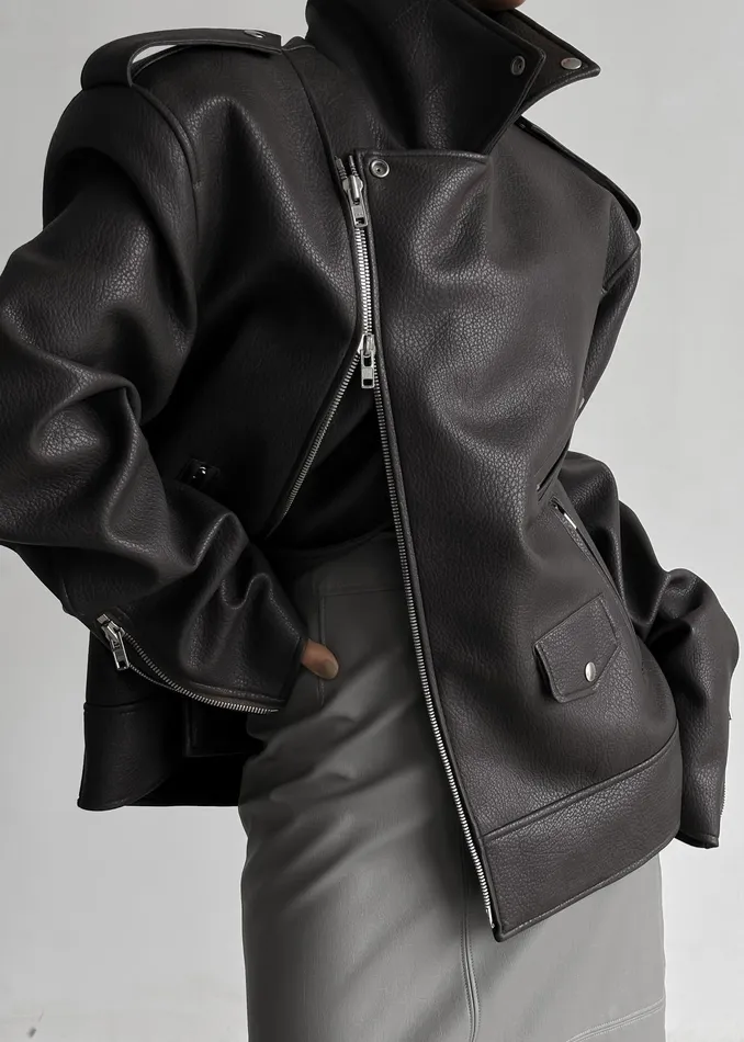 The Frankie Shop Outerwear Chicago Oversized Biker Jacket 8211 Charcoal 8211 Women