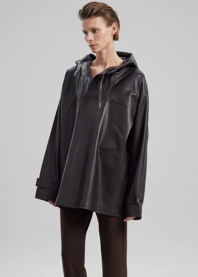 The Frankie Shop Tops Kevin Leather Hooded Overshirt 8211 Brown 8211 Women