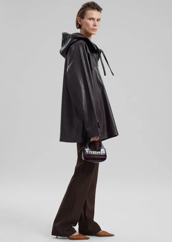The Frankie Shop Tops Kevin Leather Hooded Overshirt 8211 Brown 8211 Women