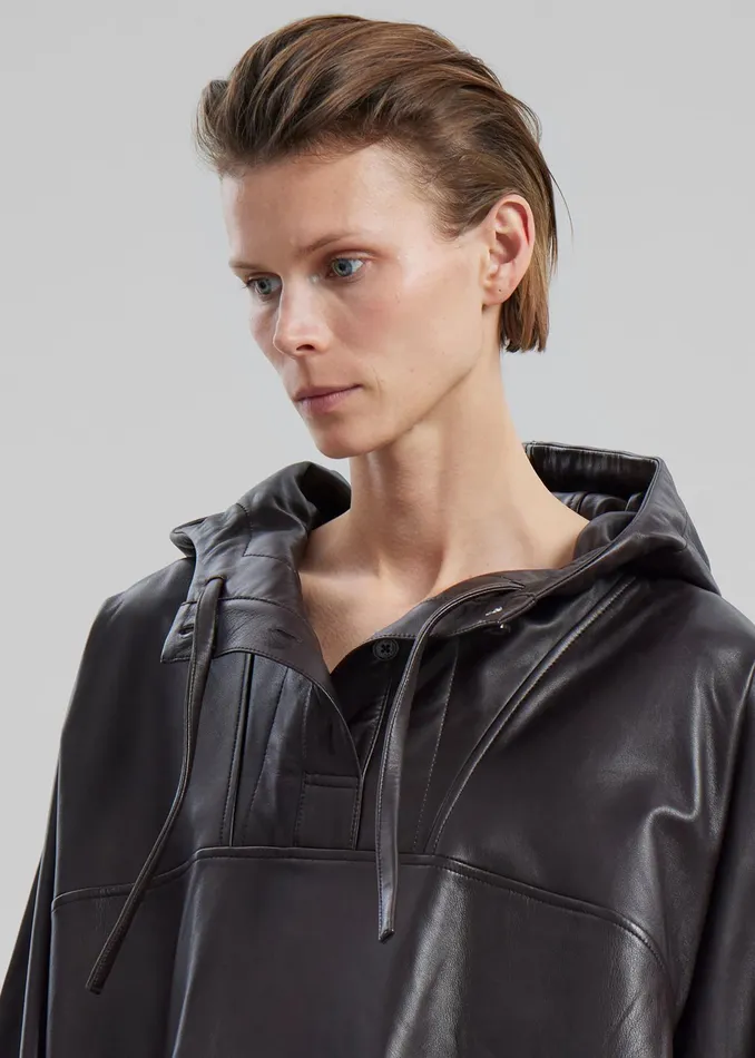 The Frankie Shop Tops Kevin Leather Hooded Overshirt 8211 Brown 8211 Women