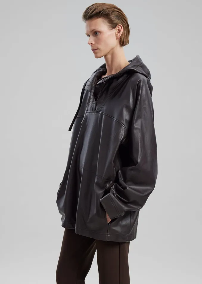 The Frankie Shop Tops Kevin Leather Hooded Overshirt 8211 Brown 8211 Women