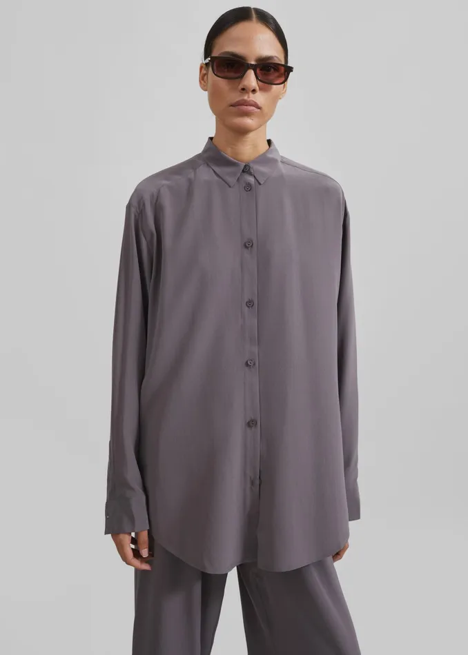 The Frankie Shop Tops Matteau Long Sleeve Silk Shirt 8211 Slate 8211 Women