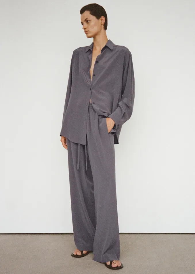 The Frankie Shop Tops Matteau Long Sleeve Silk Shirt 8211 Slate 8211 Women