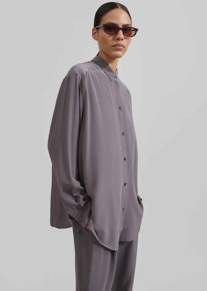 The Frankie Shop Tops Matteau Long Sleeve Silk Shirt 8211 Slate 8211 Women