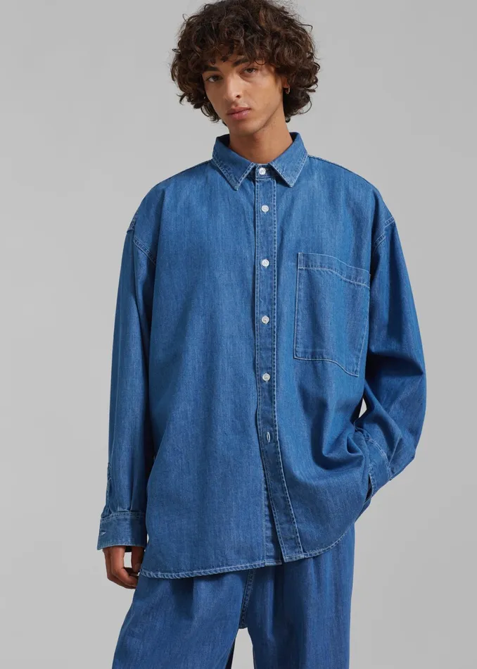 The Frankie Shop Tops Tanner Denim Shirt 8211 Medium Wash 8211 Men