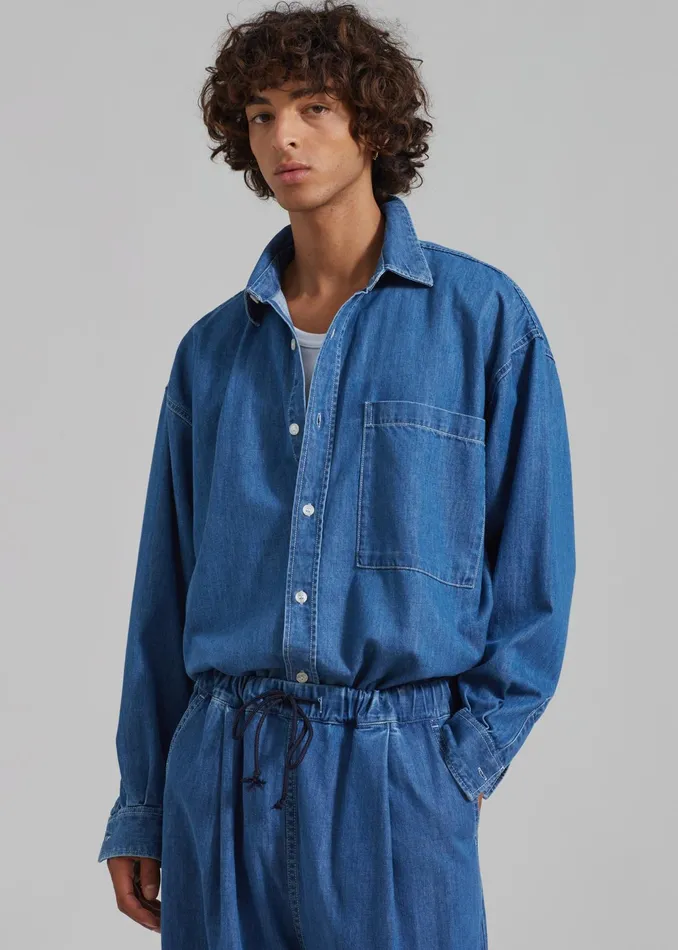 The Frankie Shop Tops Tanner Denim Shirt 8211 Medium Wash 8211 Men