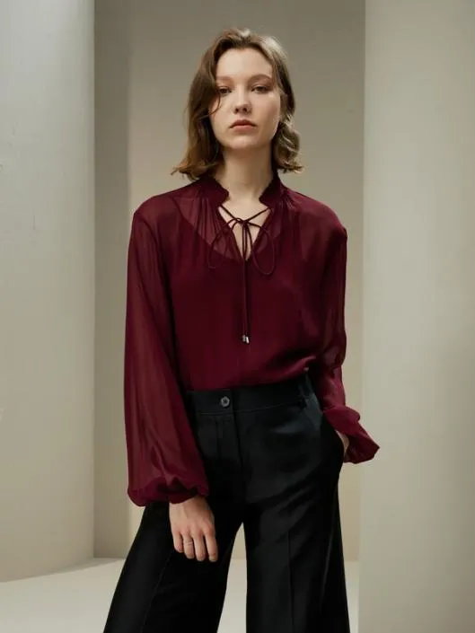 Tie Front Drawstring Georgette Blouse Women Blouses Lilysilk Shirts