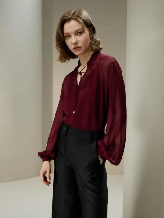 Tie Front Drawstring Georgette Blouse Women Blouses Lilysilk Shirts