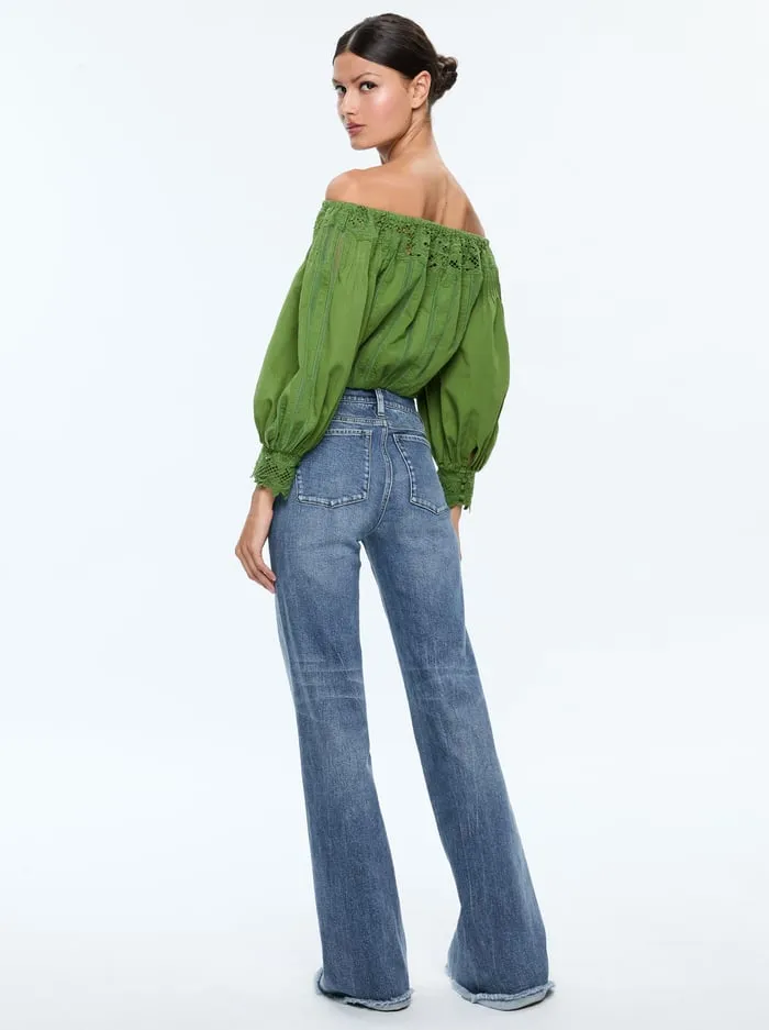 Tops Women Alice Olivia Nan Embroidered Off The Shoulder Blouse Avocado