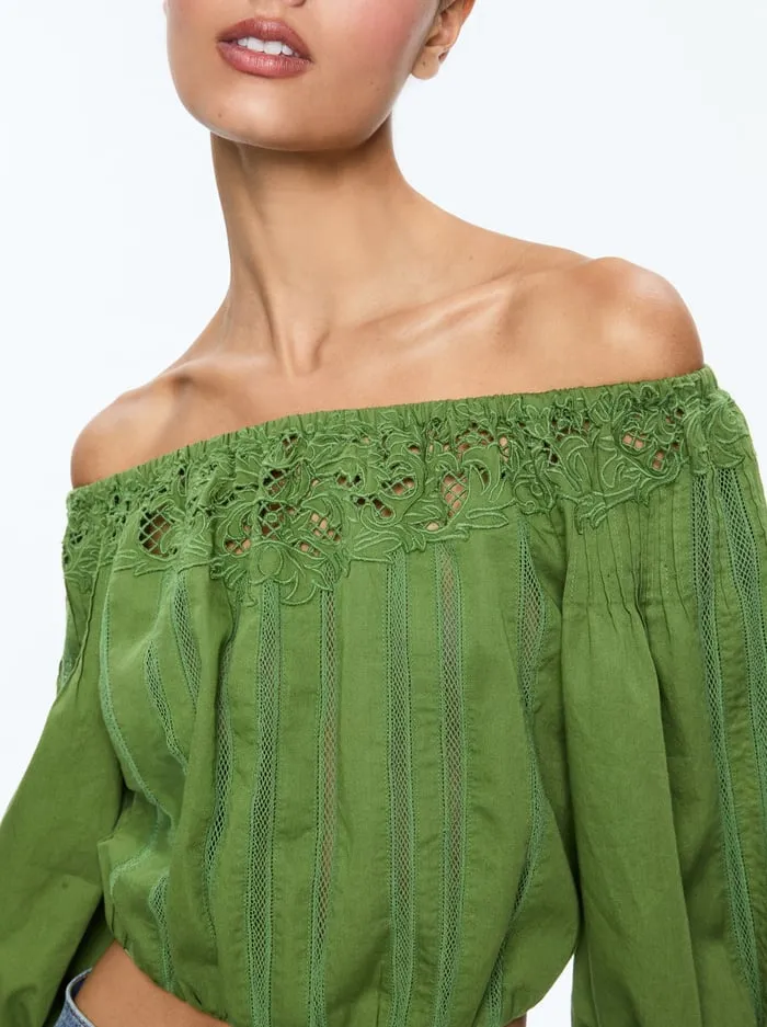Tops Women Alice Olivia Nan Embroidered Off The Shoulder Blouse Avocado