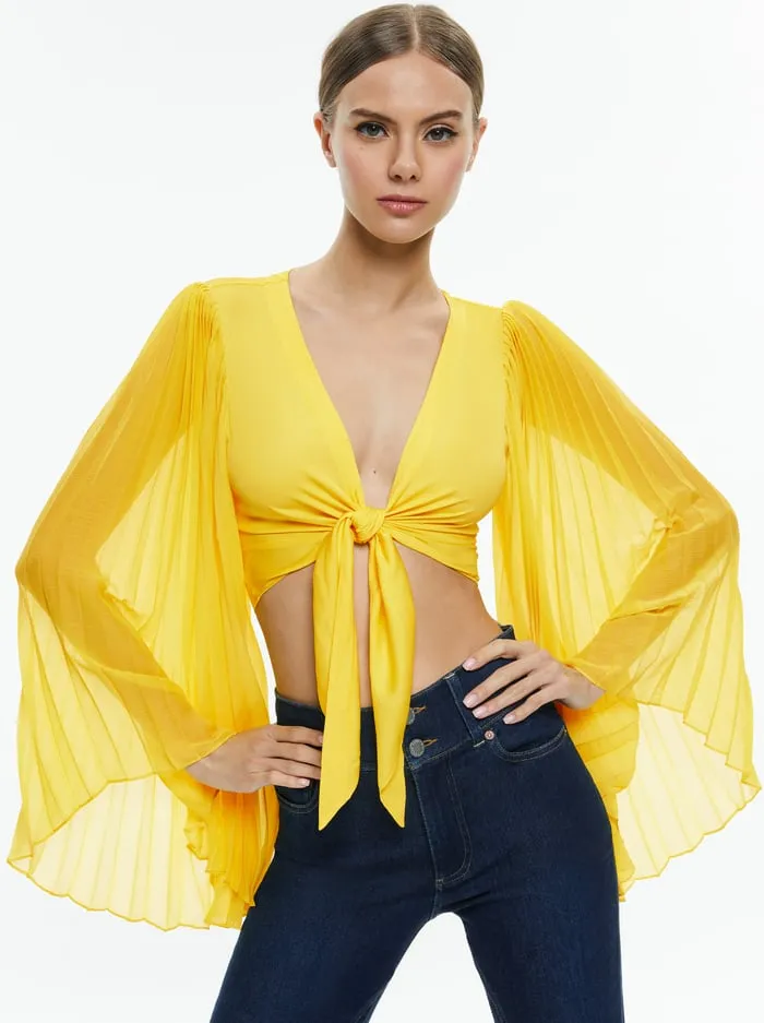 Tops Women Alice Olivia Rochelle Tie Front Pleated Crop Top Happy Yellow