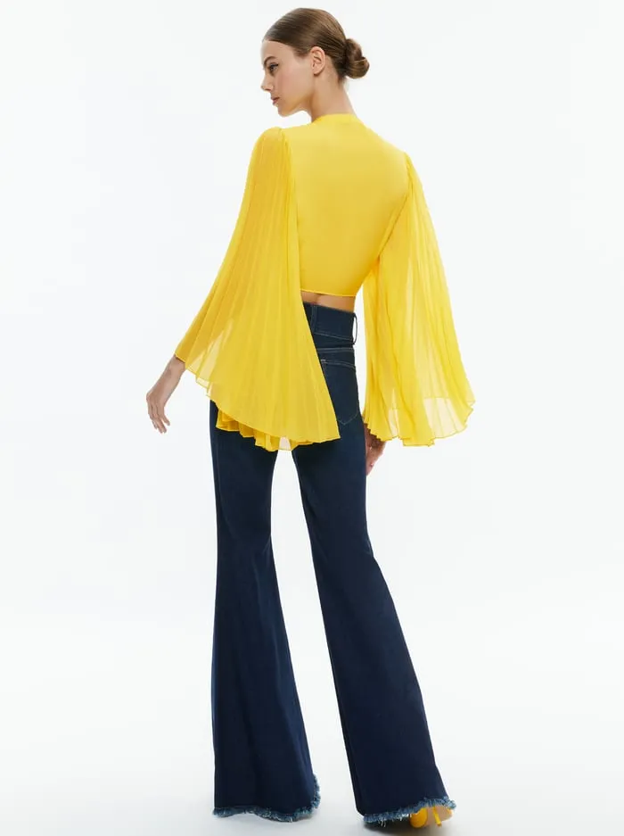 Tops Women Alice Olivia Rochelle Tie Front Pleated Crop Top Happy Yellow