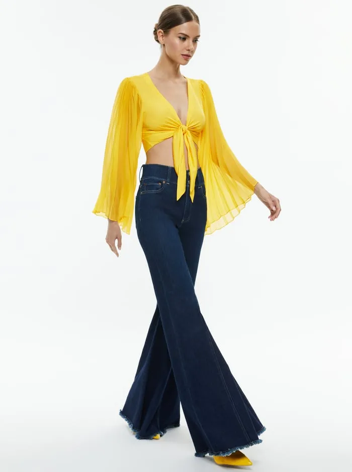 Tops Women Alice Olivia Rochelle Tie Front Pleated Crop Top Happy Yellow