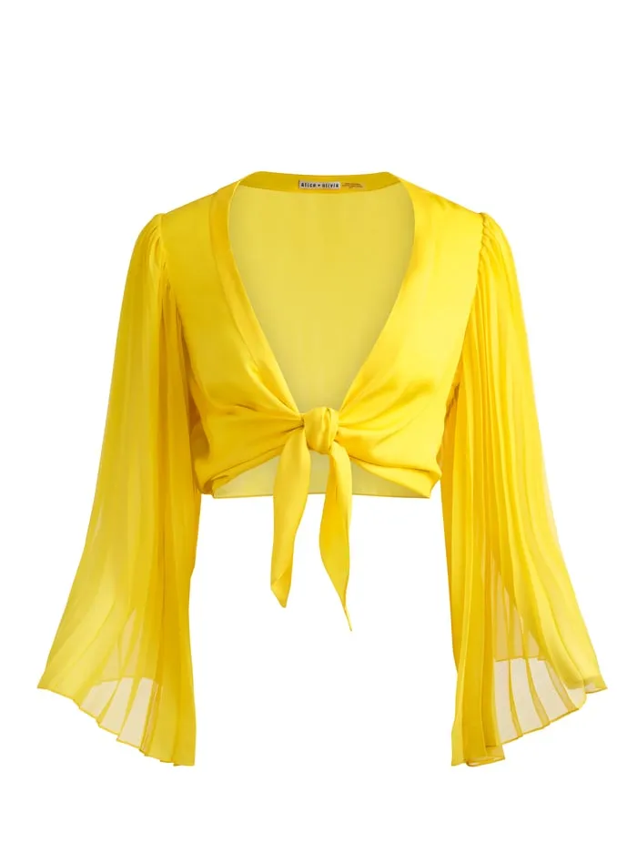 Tops Women Alice Olivia Rochelle Tie Front Pleated Crop Top Happy Yellow