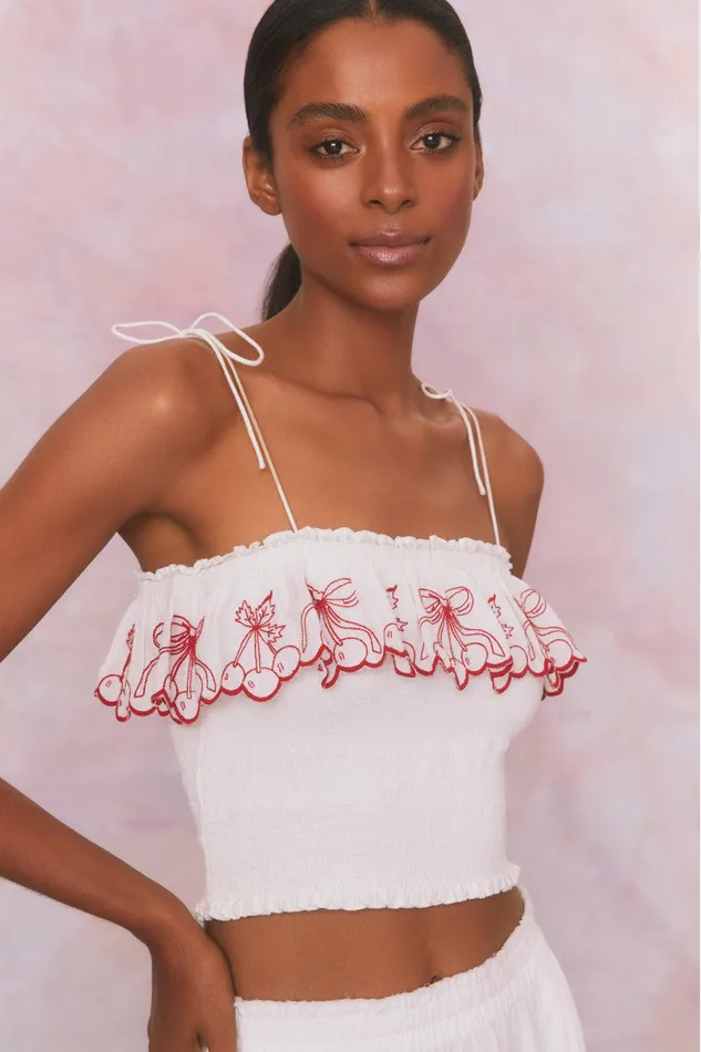 Tops WomenKids LoveShackFancy Carletta Cherry Embroidered Smocked Top Candy Red