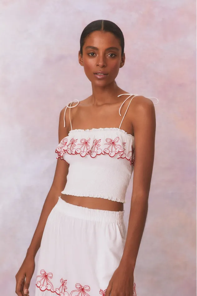 Tops WomenKids LoveShackFancy Carletta Cherry Embroidered Smocked Top Candy Red