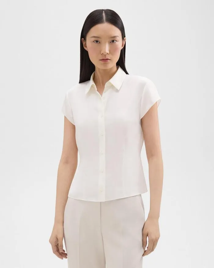 Tops Women Theory Cap Sleeve Shirt In Silk Georgette Ivory