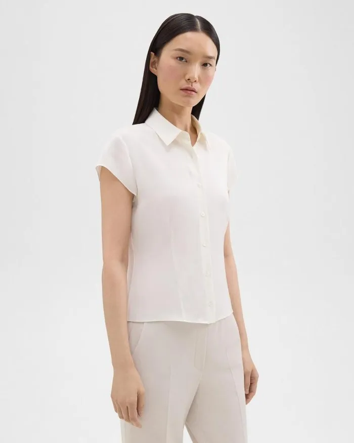 Tops Women Theory Cap Sleeve Shirt In Silk Georgette Ivory