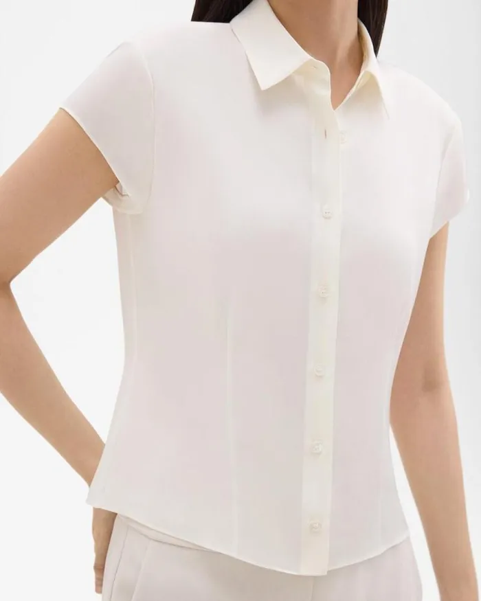 Tops Women Theory Cap Sleeve Shirt In Silk Georgette Ivory
