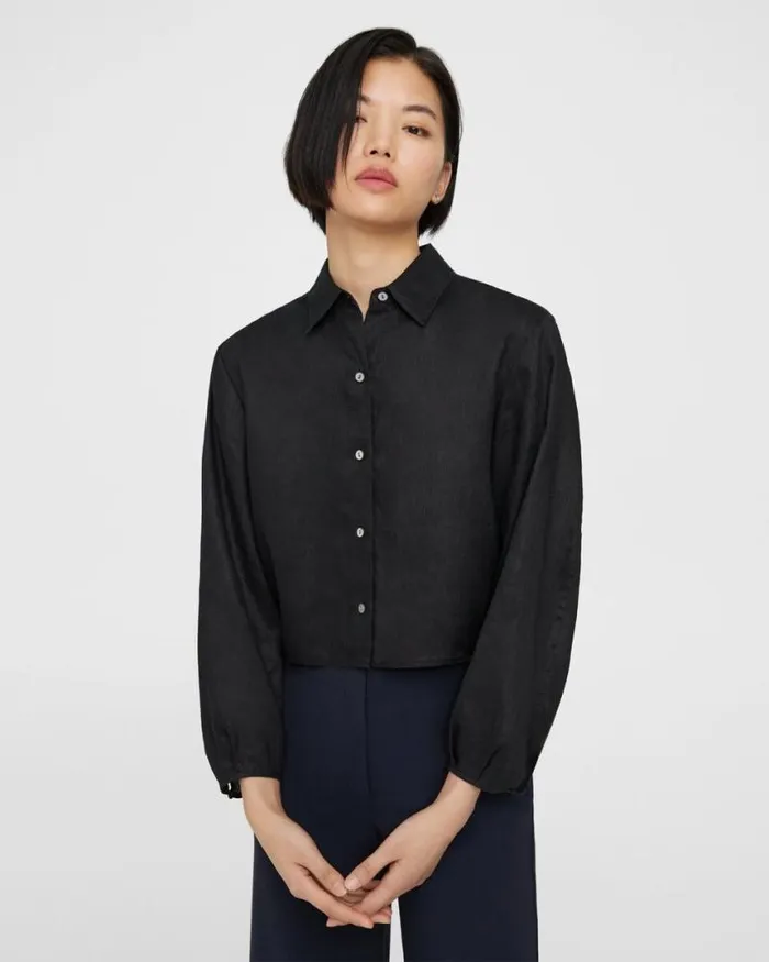 Tops Women Theory Pleated Shirt In Relaxed Linen Black