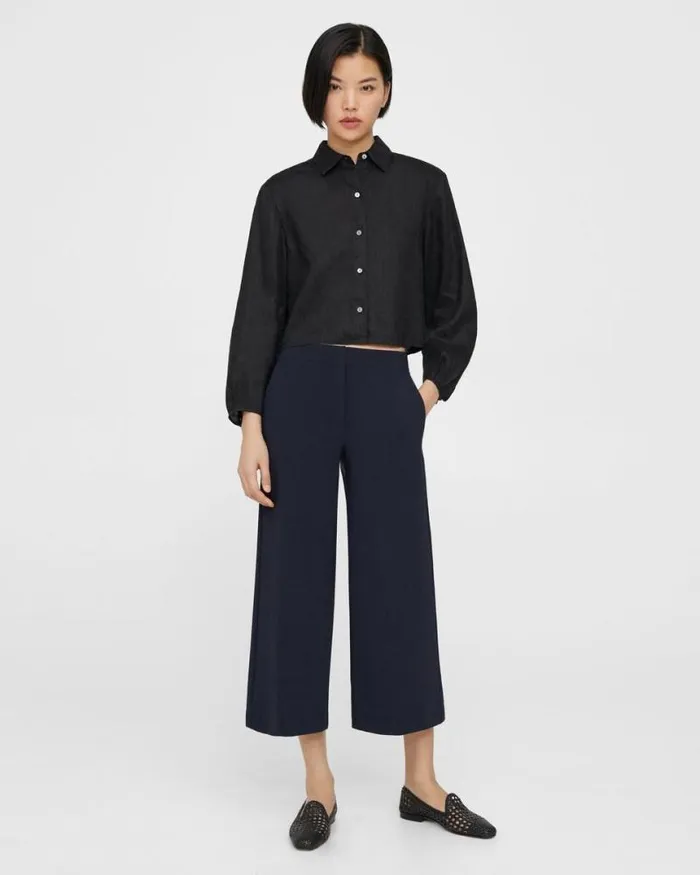 Tops Women Theory Pleated Shirt In Relaxed Linen Black Tops Women Theory Pleated Shirt In Relaxed Linen Black