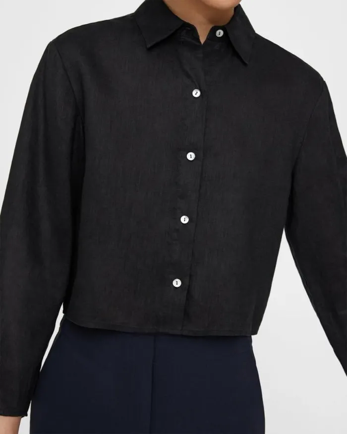 Tops Women Theory Pleated Shirt In Relaxed Linen Black Tops Women Theory Pleated Shirt In Relaxed Linen Black