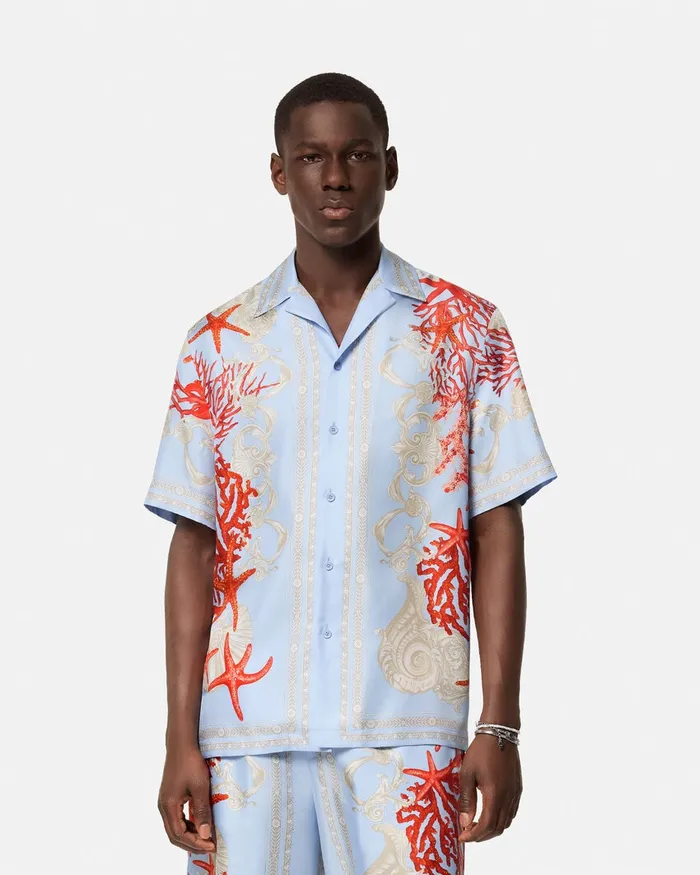 Versace Barocco Sea Silk Shirt Blueprint Men Shirts