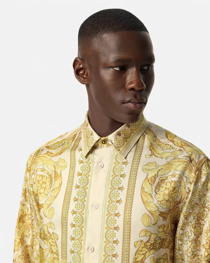 Versace Barocco Silk Shirt Yellowprint Men Shirts